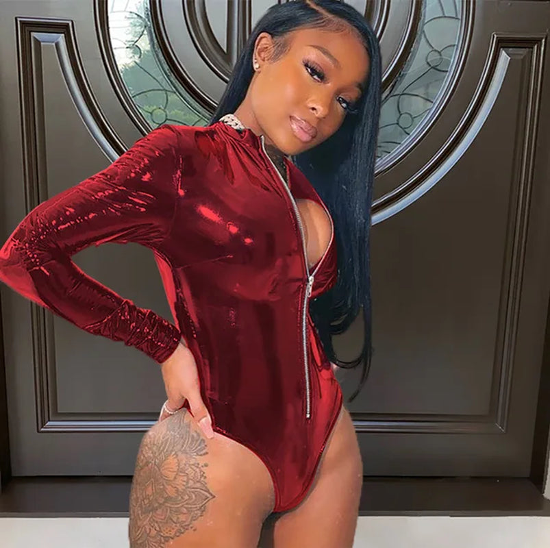 Faux PU Leather Long Sleeve Bodysuit Women Romper One Piece Club Outfits Zipper Bodycon Bodysuit Wrap Sexy Jumpsuit Female
