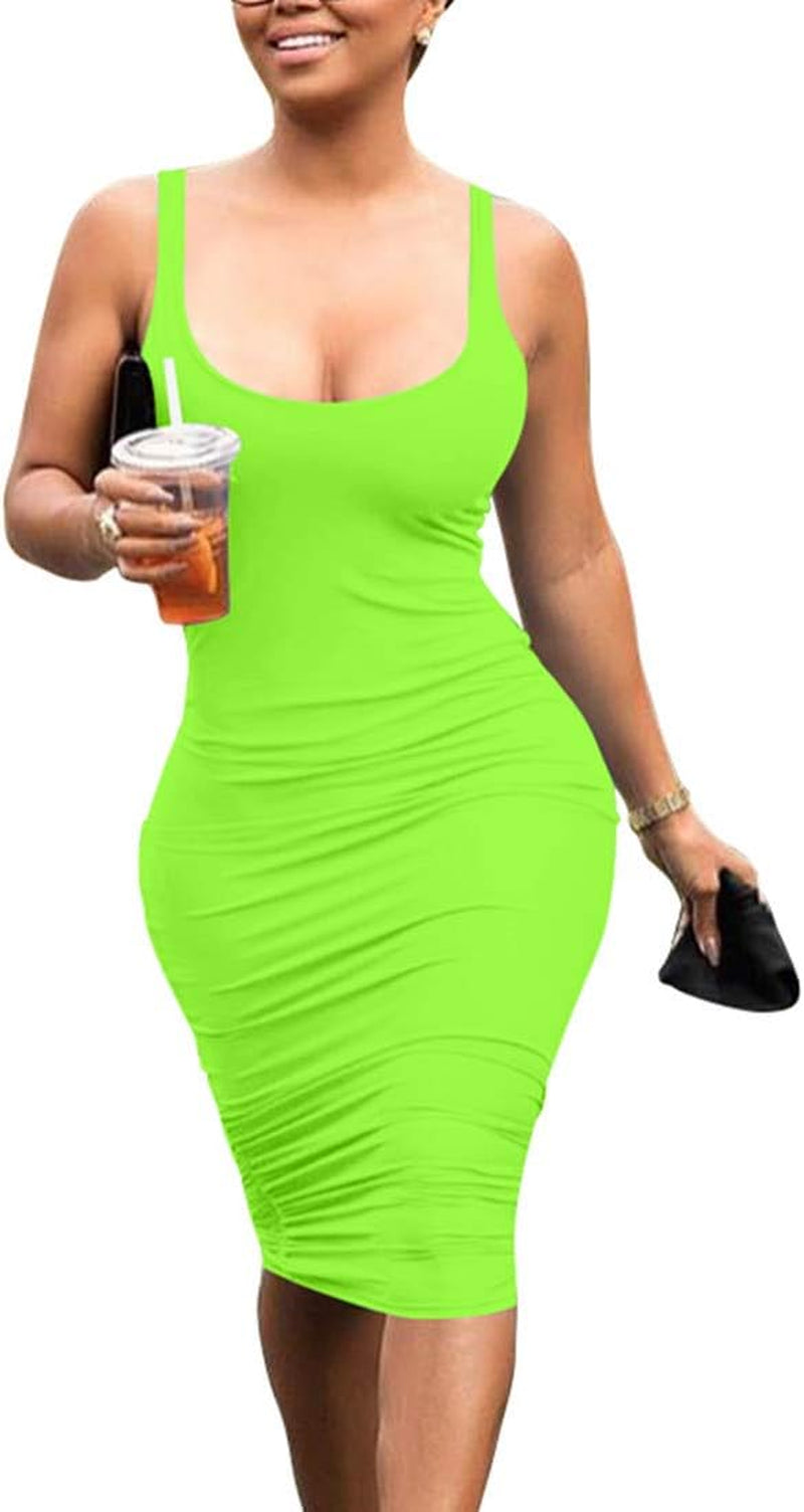 Women'S Casual Basic Pencil Tank Dress Sexy Sleeveless Bodycon Midi Club Dress