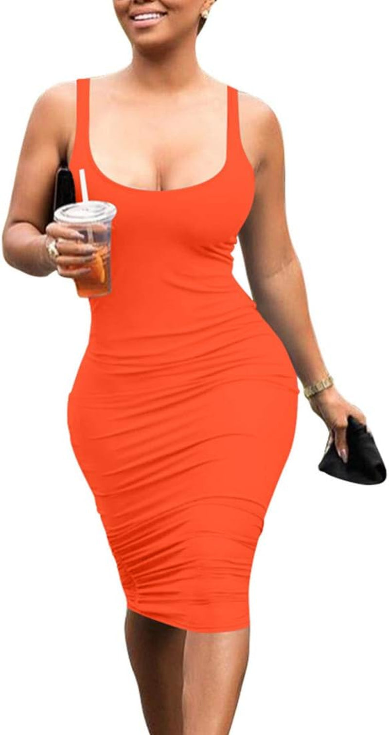 Women'S Casual Basic Pencil Tank Dress Sexy Sleeveless Bodycon Midi Club Dress