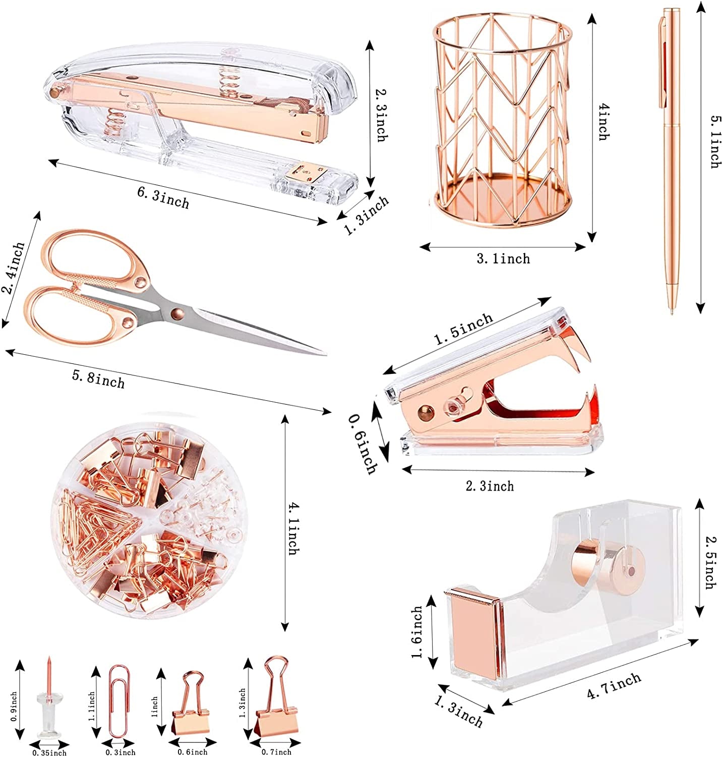 Rose Gold Desk Accessories，Office Supplies Set Acrylic Stapler Set Staple Remover, Tape Holder, 2 Ballpoint Pen, Scissor, Binder/Paper Clips and 1000Pcs Staples.